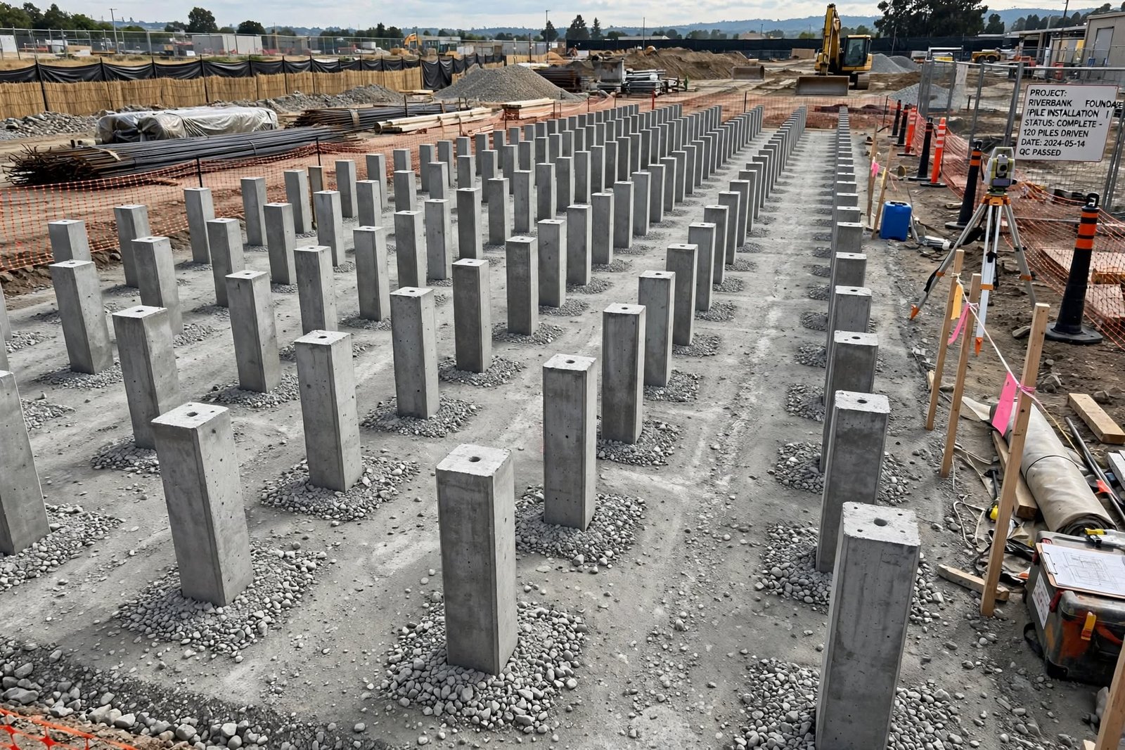 A well-prepared pile installation site with straight driven piles