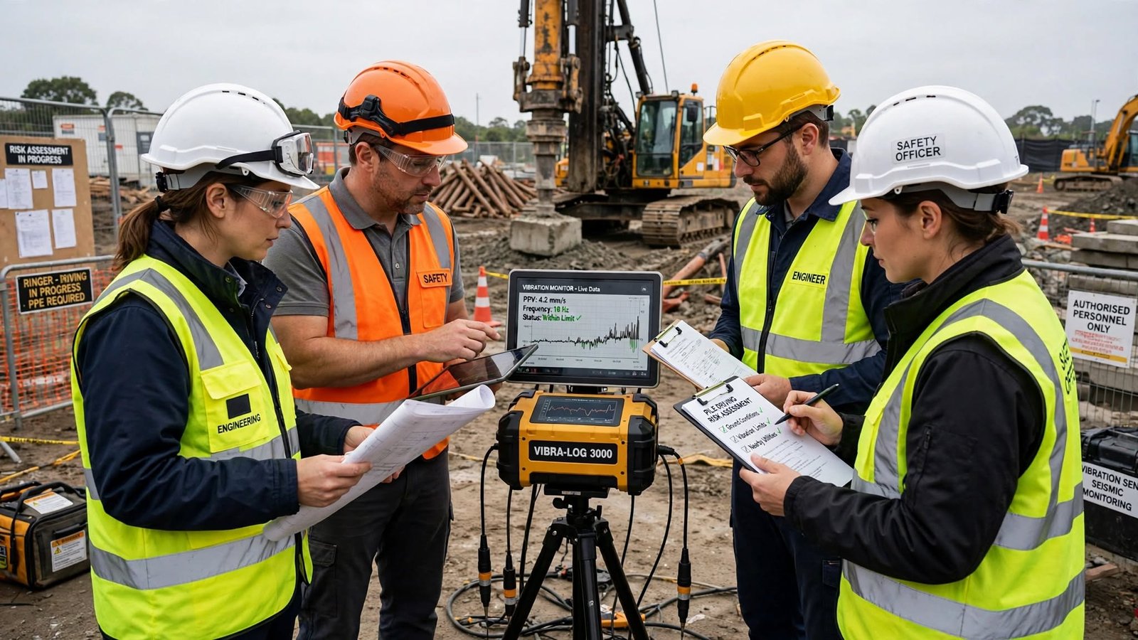 A crew effectively assessing pile driving risks on an active site
